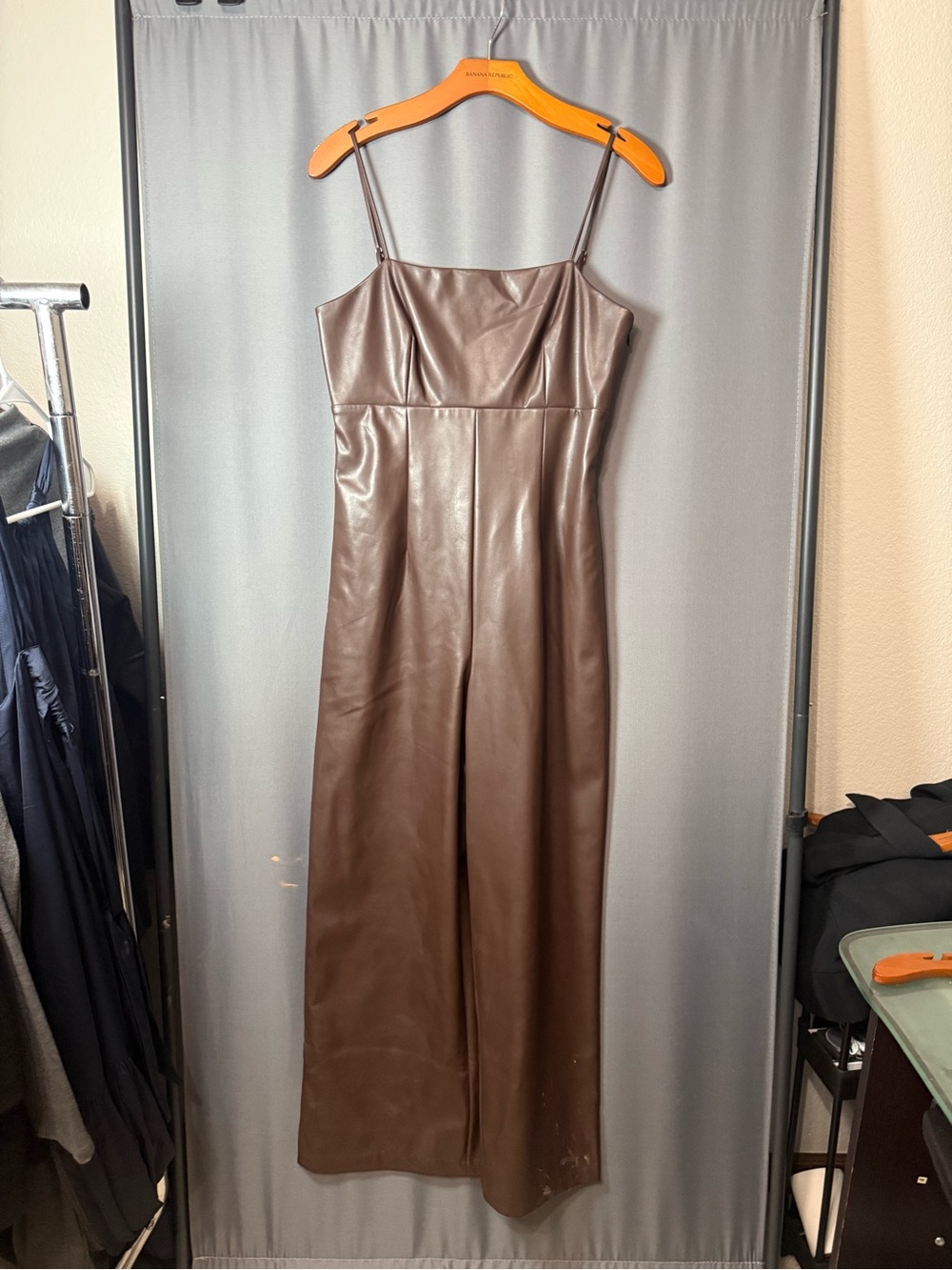 Banana Republic Factory Brown Faux Leather Wide-Leg Spaghetti Strap Jumpsuit